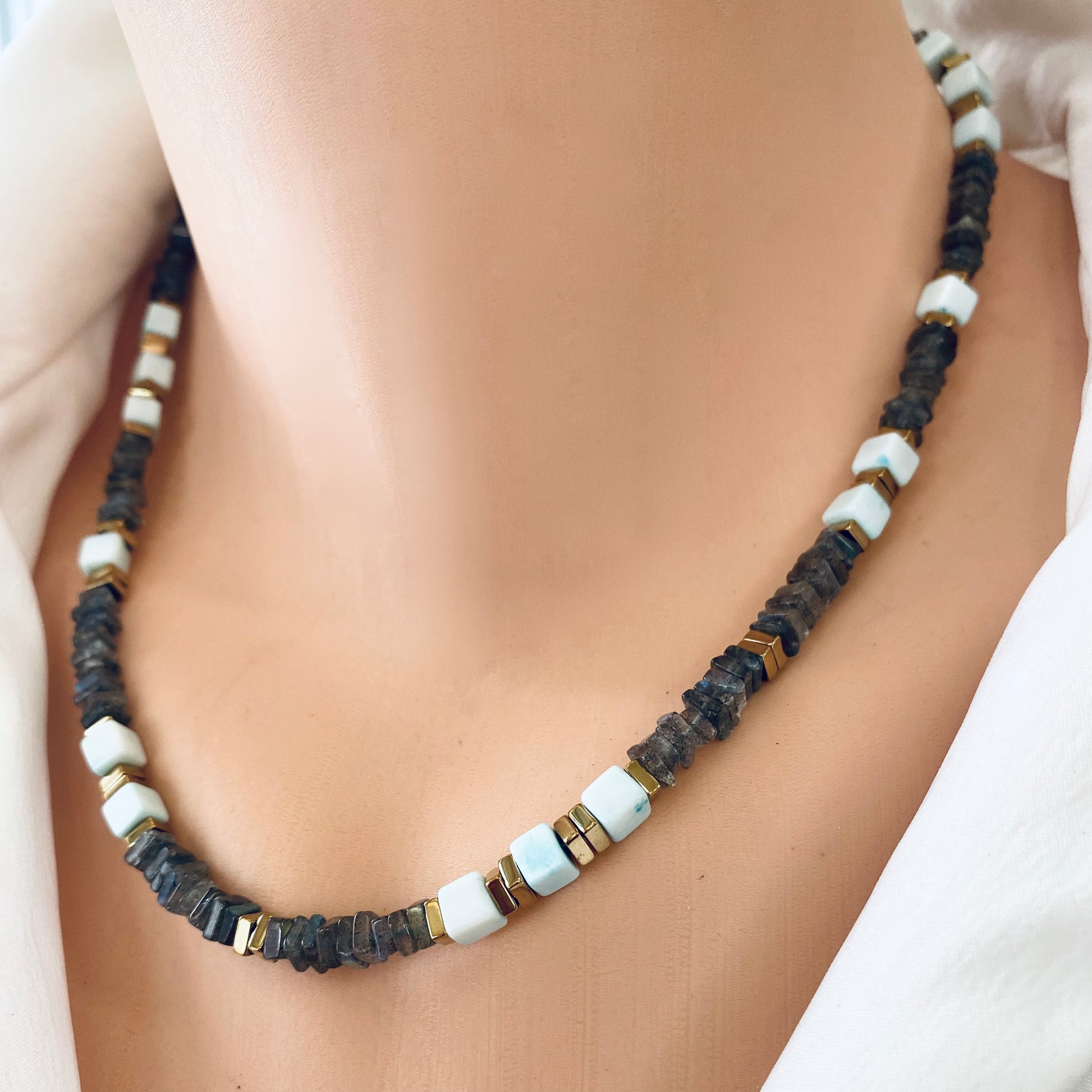 Labradorite and Blue Peru Opal Necklace close-up at neckline, gold hematite spacers and mixed gemstone beads