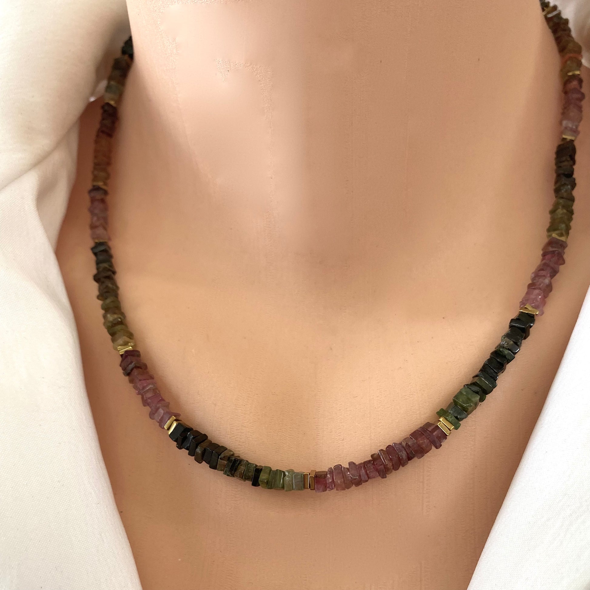 Tourmaline Necklace 14k Gold Filled worn at collarbone, delicate everyday gemstone necklace