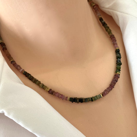 Tourmaline Necklace 14k Gold Filled worn on model, dainty colorful gemstone strand