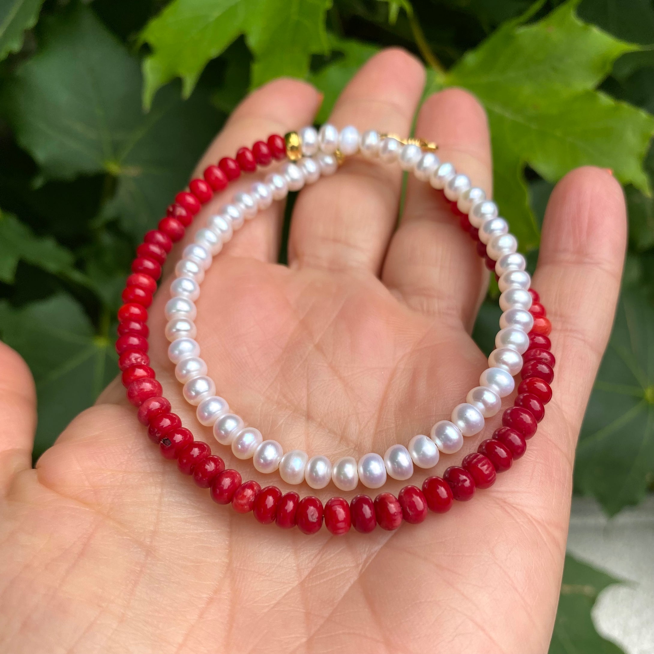 Half Coral Half Pearl Choker Necklace, Gold