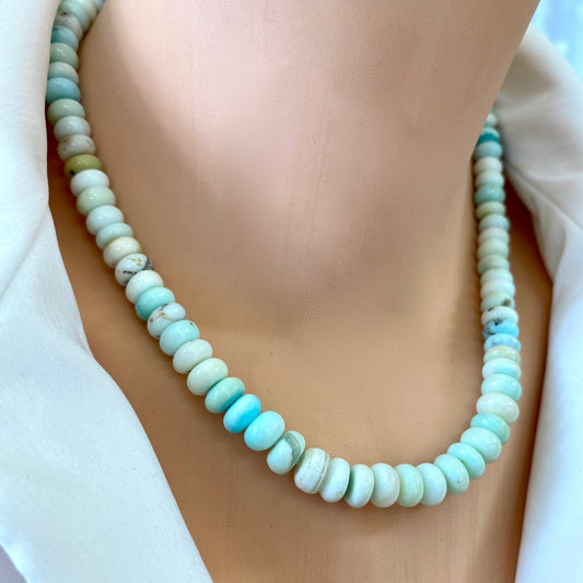 Blue Peru Opal Necklace Gold close-up on model, light blue Peru opal rondelle bead strand