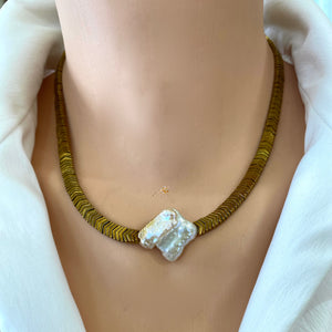 Gold Hematite Beads & Large Square Freshwater Keshi Pearl Necklace, Vermeil Toggle Clasp, 17"or 18.5"in