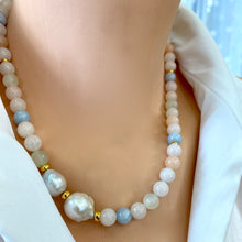 Load image into Gallery viewer, Morganite, Aquamarine &amp; Baroque Pearl Beaded Necklace, Vermeil Details, 19.5&quot;in
