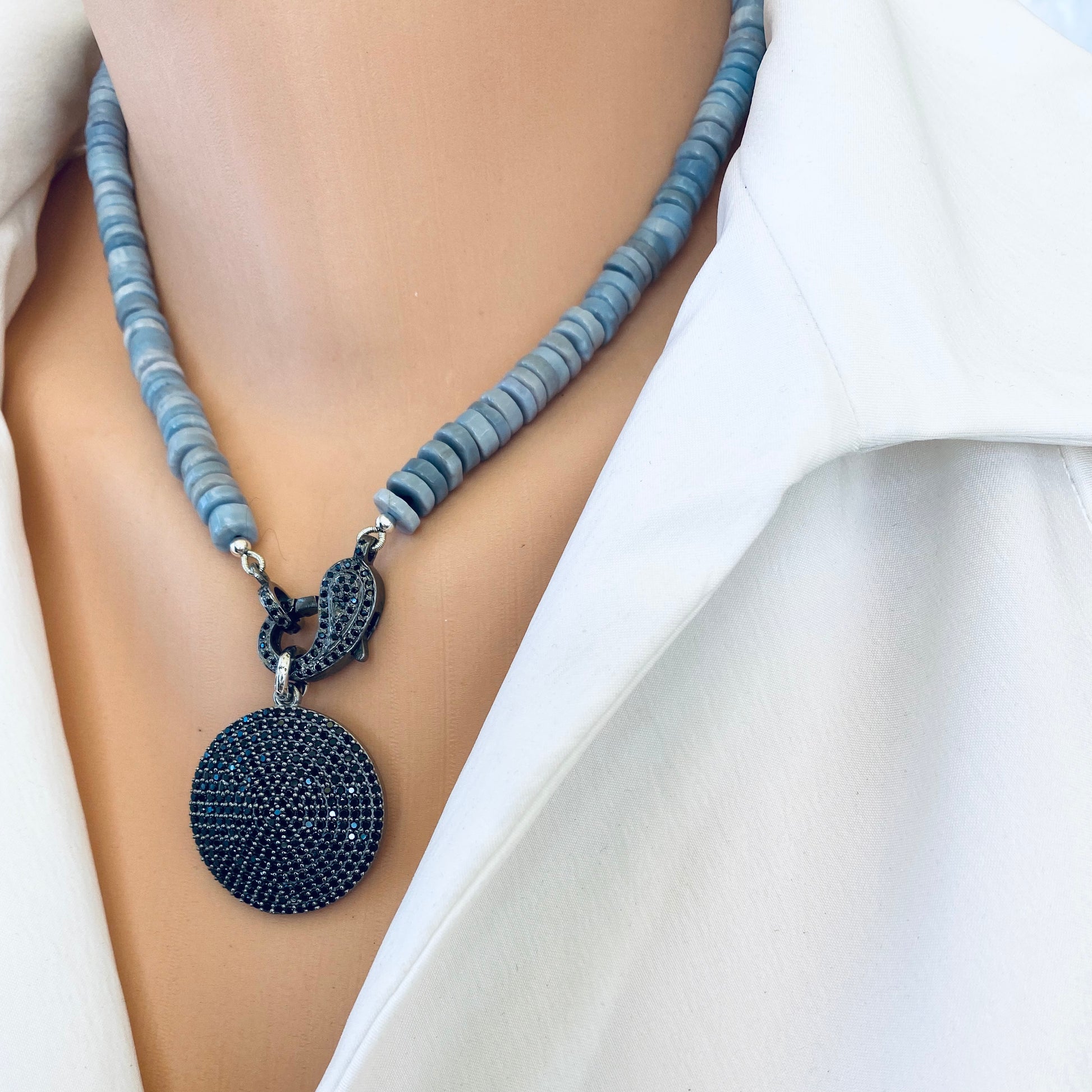 Oregon blue opal candy necklace styling on neckline without pendant, handmade Canadian gemstone jewelry