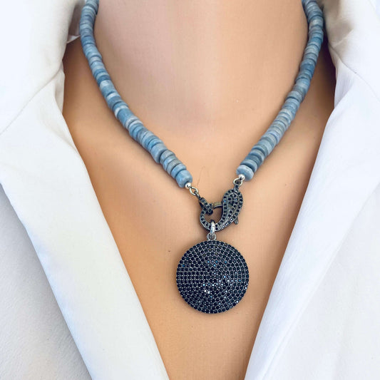 Oregon blue opal candy necklace close-up on neckline with oxidized silver spinel pendant, handcrafted in Canada