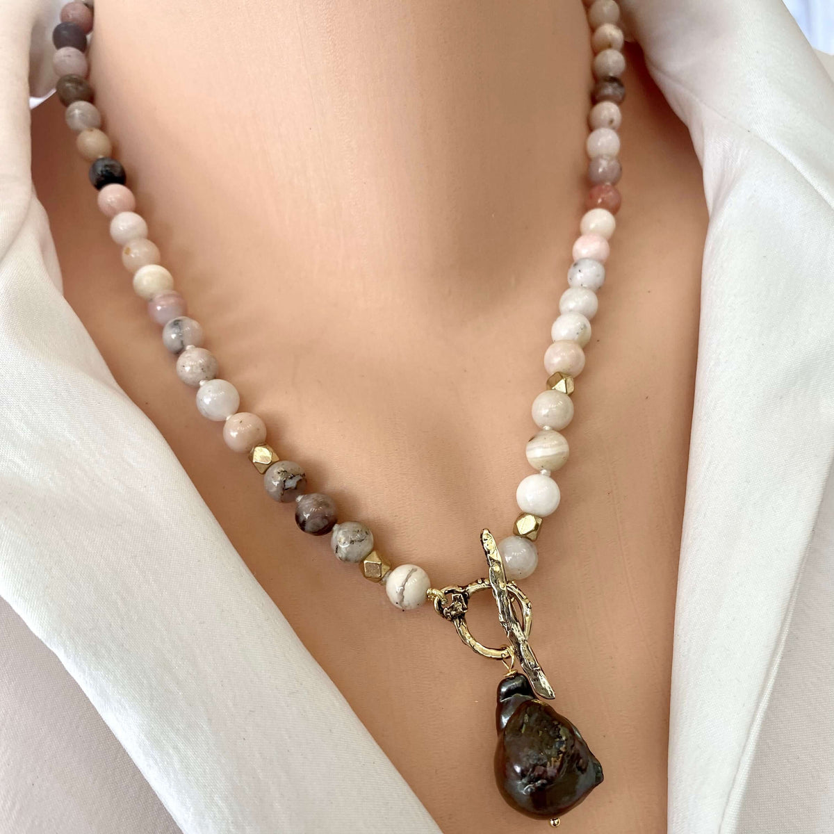 Pink opal baroque pearl necklace handmade in Canada with black baroque pearl charm