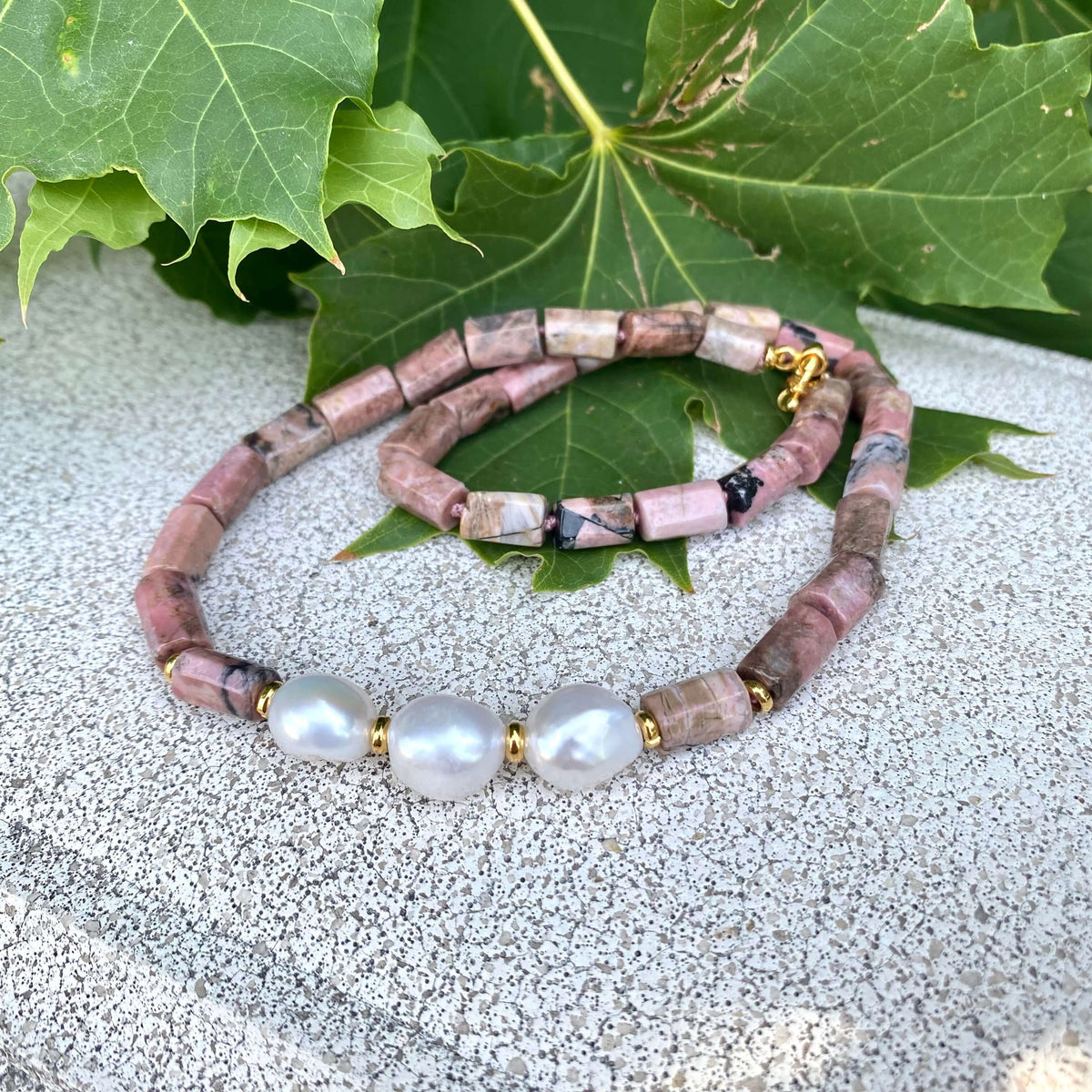 Rhodonite pearl necklace with gold vermeil accents and marine clasp design