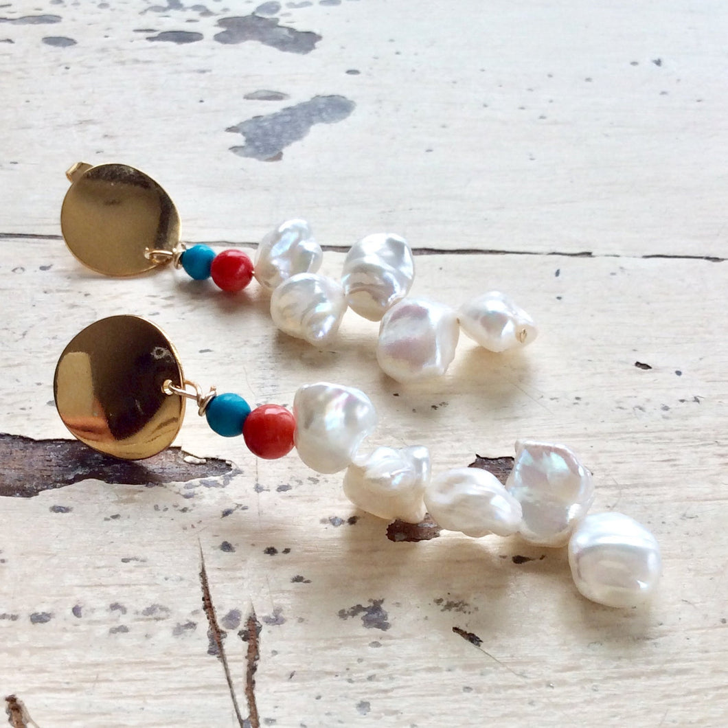 Unique Baroque Keshi Pearl Earrings adorned with Freshwater Pearls, Red Coral, and Turquoise