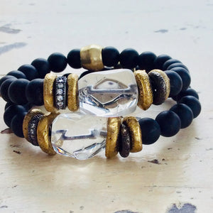 Clear Rock Crystal Quartz and Onyx Bracelet