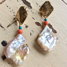 Load image into Gallery viewer, Chunky Baroque Pearls Gold Earrings with Turquoise &amp; Coral
