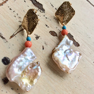 Chunky Baroque Pearls Gold Earrings with Turquoise & Coral