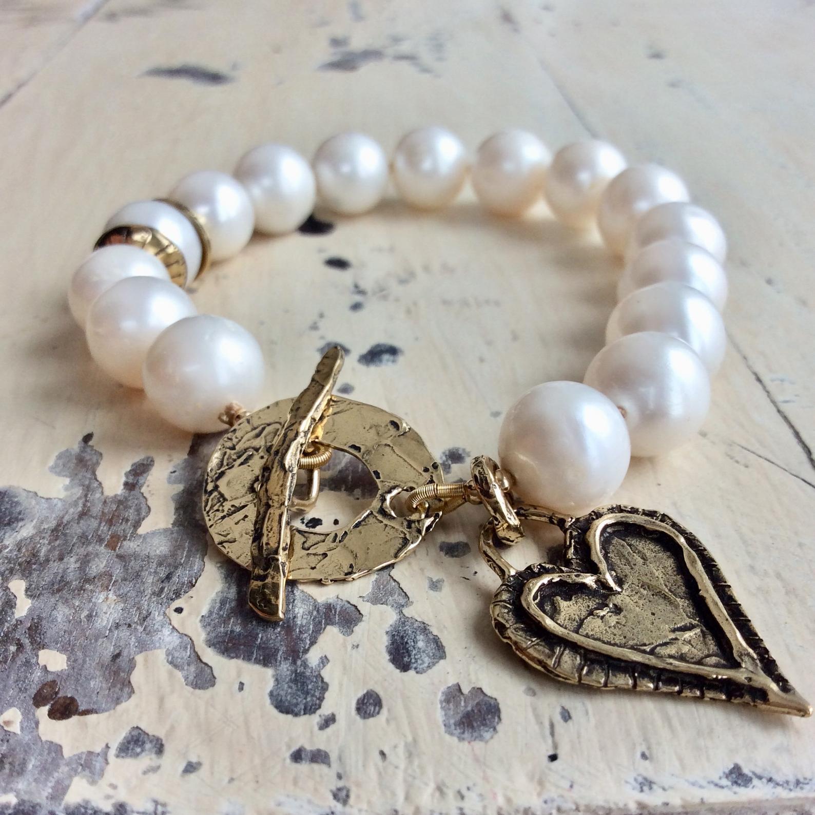 Large Pearls Love Charm Bracelet, Bronze & Gold Filled
