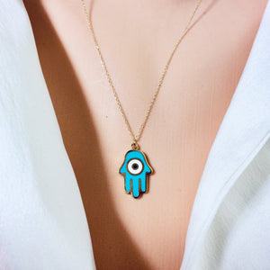 Solid Gold 18K Hamsa Charm Enamel Pendant Necklace 18"Inches Long