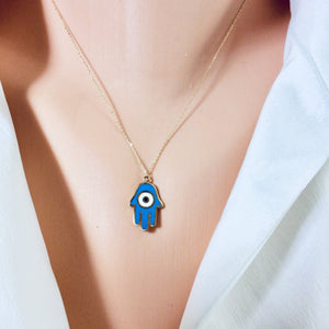 Solid Gold 18K Dainty Enamel Evil Eye Pendant Charm Necklace 16"Inches Long