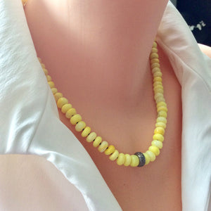 Natural Yellow Opal Beaded Necklace, Diamond Pave Necklace