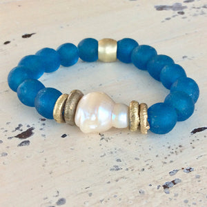 Large Baroque Pearl & Deep Ocean Blue African Tribal Recycled Glass Bracelet