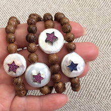 Load image into Gallery viewer, Wood Stretchy Coin Pearl Bracelet w Ruby Red &amp; Sapphire Cz Star
