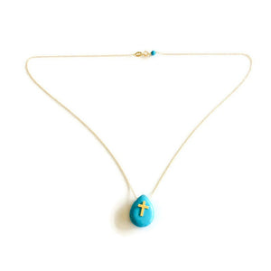 Solid Gold 18K Minimalist Turquoise Cross Pendant Floating Thin Chain