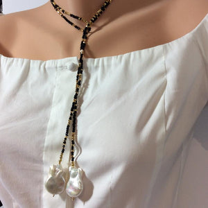 Black Spinel w Gold Coated Pyrite & Large Baroque Pearl Long Lariat Necklace For Women at $310
