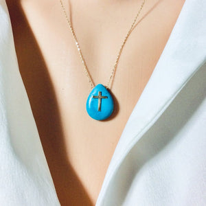 Solid Gold 18K Turquoise Pendant Solid Gold Cross Pendant & Chain 16" or 18"Inches Long