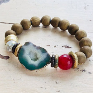 Green Druzy Agate Statement Gemstone Beaded Bracelet, Meditation Jewelry