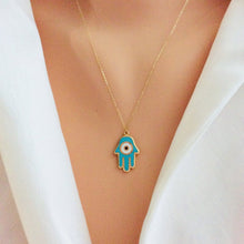 Load image into Gallery viewer, Solid Gold 18K Hamsa Charm Enamel Pendant Necklace 18&quot;Inches Long
