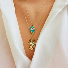 Load image into Gallery viewer, Solid Gold 18K Hamsa Charm Enamel Pendant Necklace 18&quot;Inches Long
