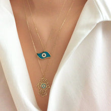 Load image into Gallery viewer, Solid Gold 18K Dainty Minimalist Enamel Hamsa Necklace 20&quot;Inches Long
