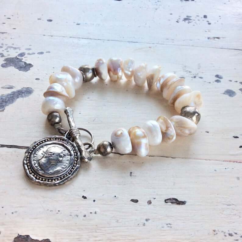 Baroque Pearl Charm Bracelet, Roman Coin Charm