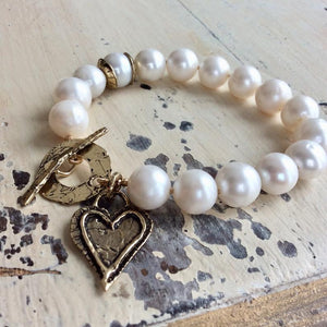Large Pearls Love Charm Bracelet, Bronze & Gold Filled