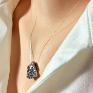 Solid Gold 18K Raw Druzy Quartz Pendant, Floating Pendant on Solid Gold Chain, 18"Inches long