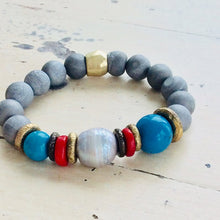 Load image into Gallery viewer, Coral Pearl Silver Gray Druzy Agate Turquoise Baroque Pearl Stretch Bracelet
