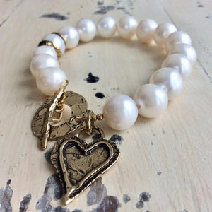 Large Pearls Love Charm Bracelet, Bronze & Gold Filled