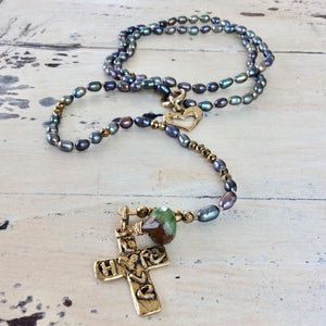 Y Long Pearl Necklace, Hope & Love Cross Necklace, Prasiolite Charm, Religious Jewelry