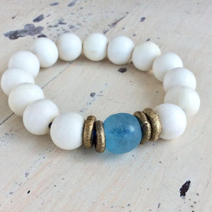 White Wood and Sea Glass Stretchy Bracelet, Chunky Beaded Pebble Bracelet