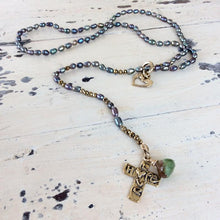 Cargar imagen en el visor de la galería, Y Long Pearl Necklace, Hope &amp; Love Cross Necklace, Prasiolite Charm, Religious Jewelry
