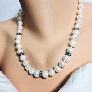 White Pearls Necklace w Zircons Pave Rondelle, Gunmetal Over Sterling Silver, 20"in