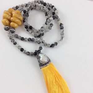 Rutilated Quartz and Copal Boho Style Tassel Necklace