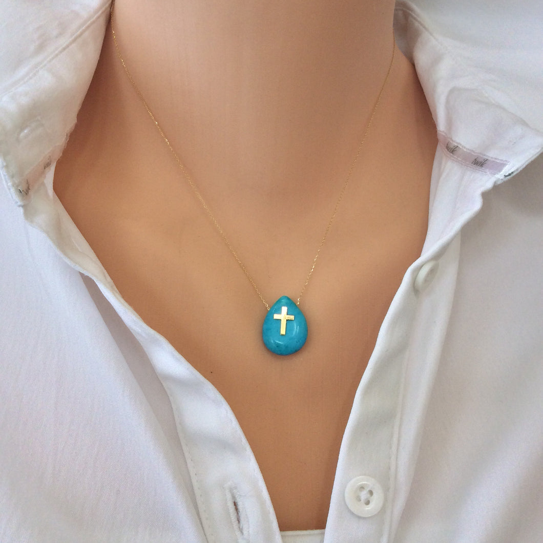 Solid Gold 18K Minimalist Turquoise Cross Pendant Floating Thin Chain
