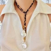 Load image into Gallery viewer, Black Spinel Long Lariat Necklace w Baroque Pearls at $345
