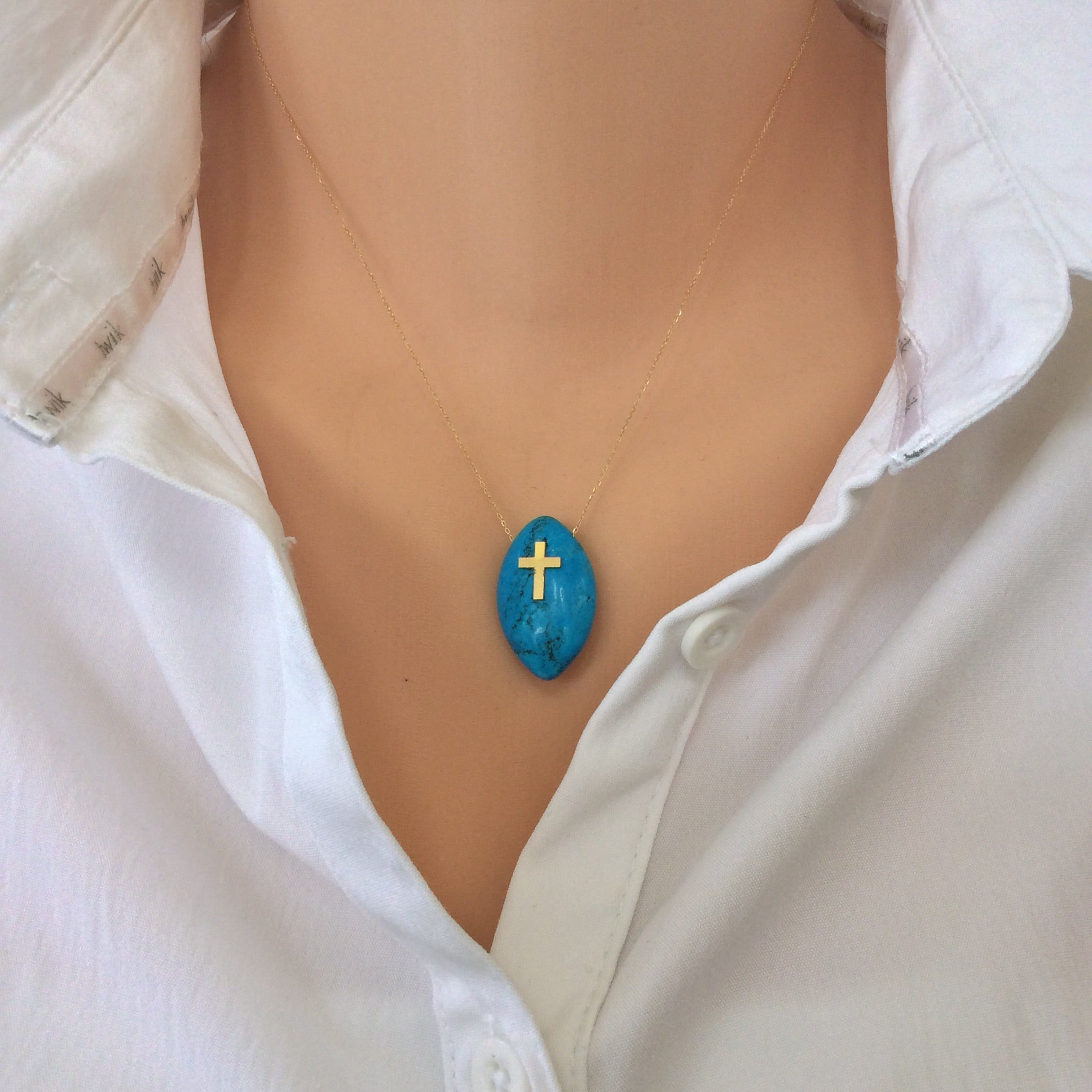 Solid Gold 18K Minimalist Turquoise Cross Pendant on Thin Chain