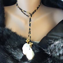 Cargar imagen en el visor de la galería, Black Spinel Long Lariat Necklace w Baroque Pearls at $345
