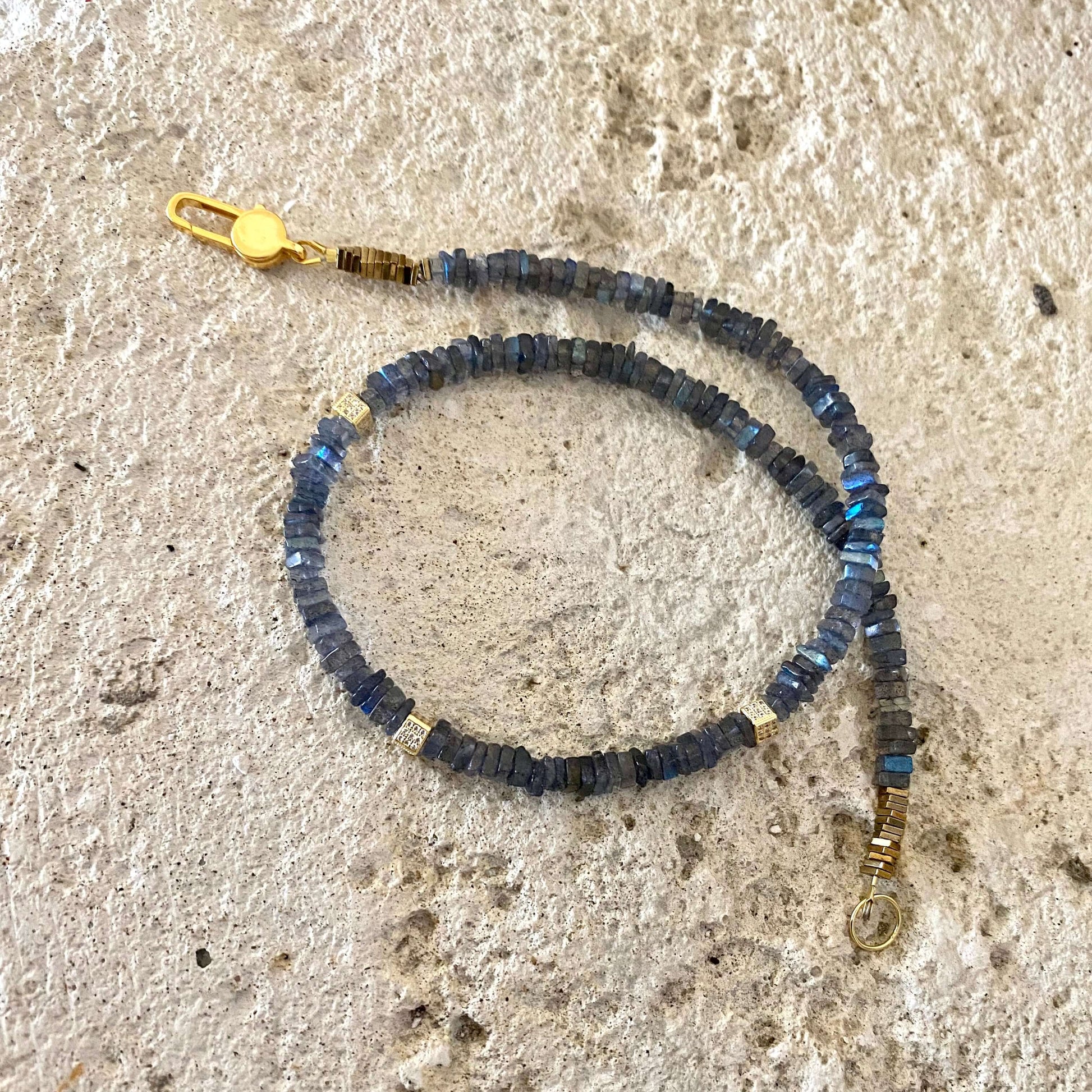 LABRADORITE SQUARE SHAPE BEADS STRAND WITH GLD CUBES
