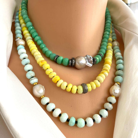 Layered yellow opal necklace with diamond accents, handmade in Canada, featuring bright beads and elegant design.
